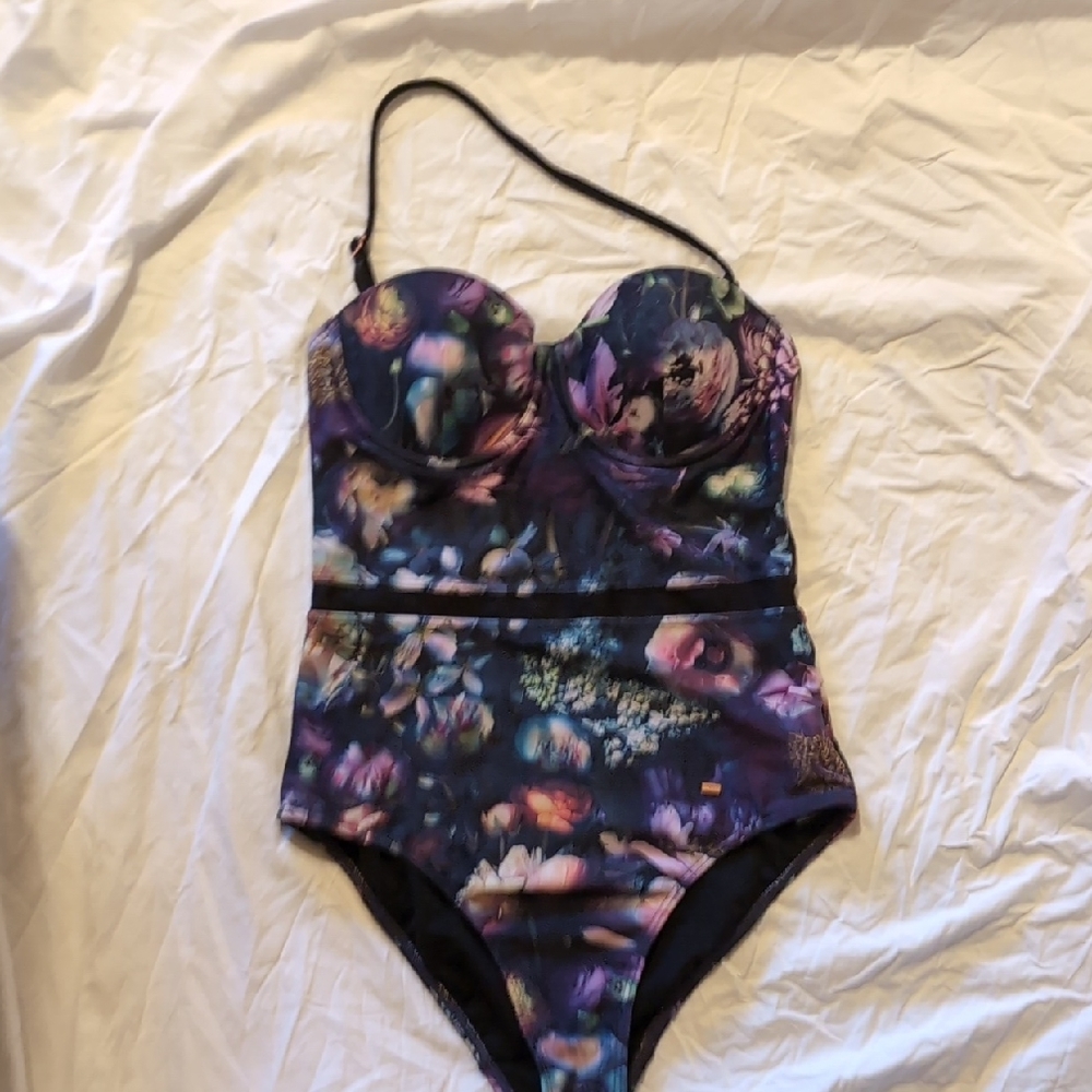Ted Baker Purple and Black One-Piece Swimsuit Floral Design